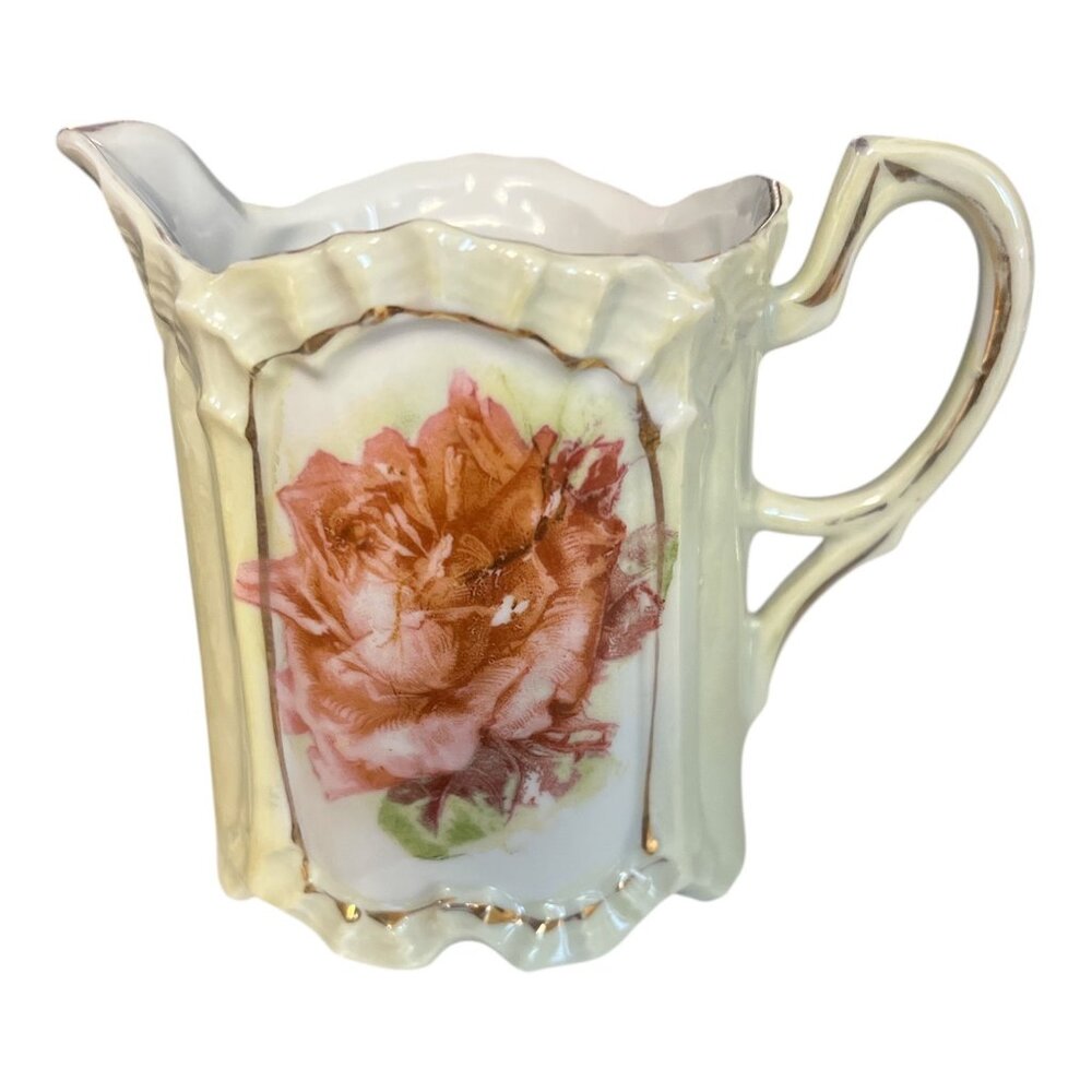 Vintage Porcelain Creamer Pitcher Rose Floral Gold Trim Cottage Style Cream Jug